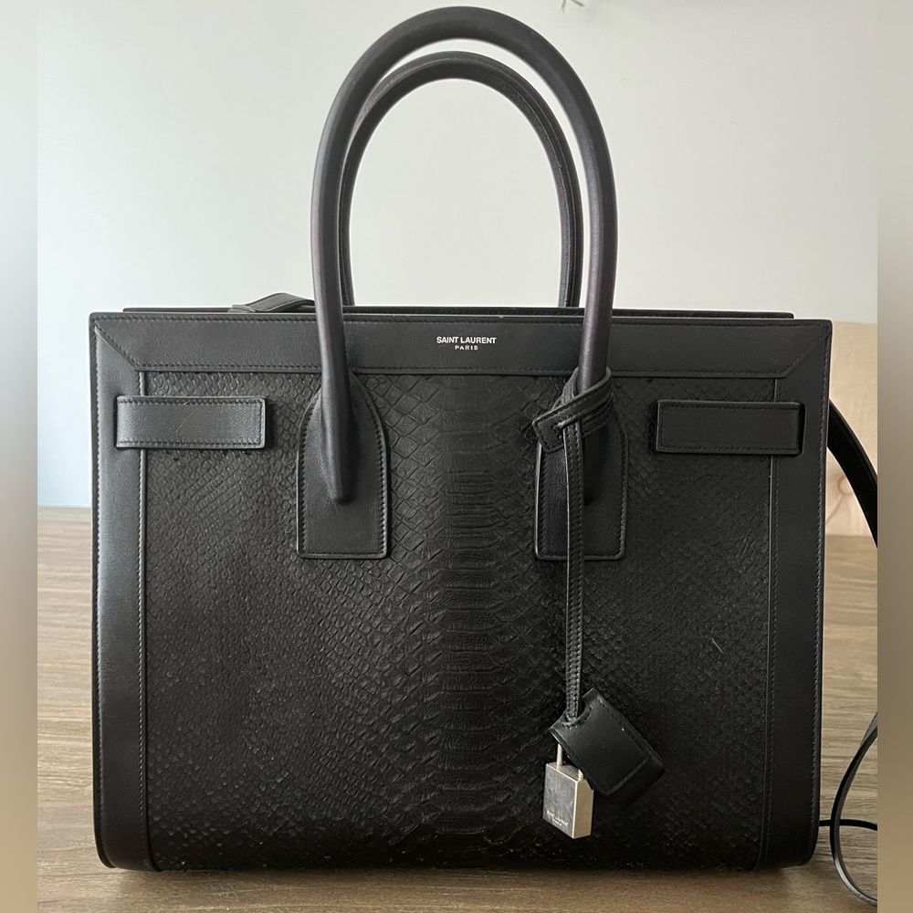 Large reptile skin Saint Laurent Sac de Jour in black. 100% authentic.